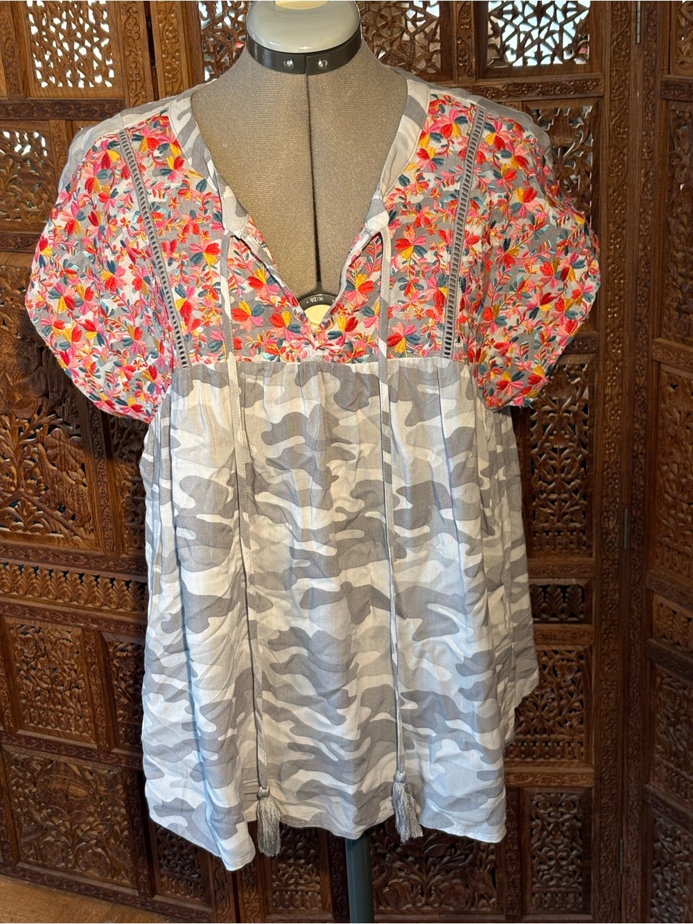 Savanna Jane Grey Camo Tunic with Pink Floral Embroidered Yoke